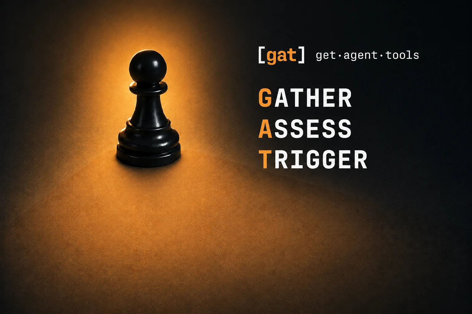 GAT: Gather, Assess, Trigger. A black pawn casts the shadows of a rook, bishop, queen, knight and king.